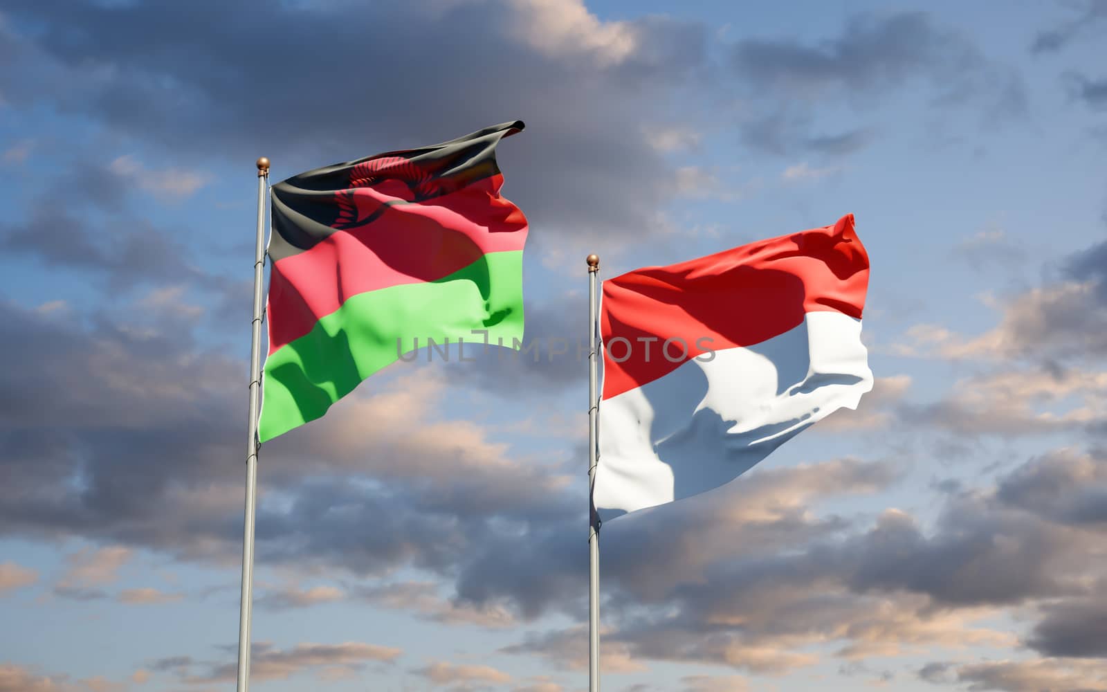 Beautiful national state flags of Malawi and Indonesia together at the sky background. 3D artwork concept. 