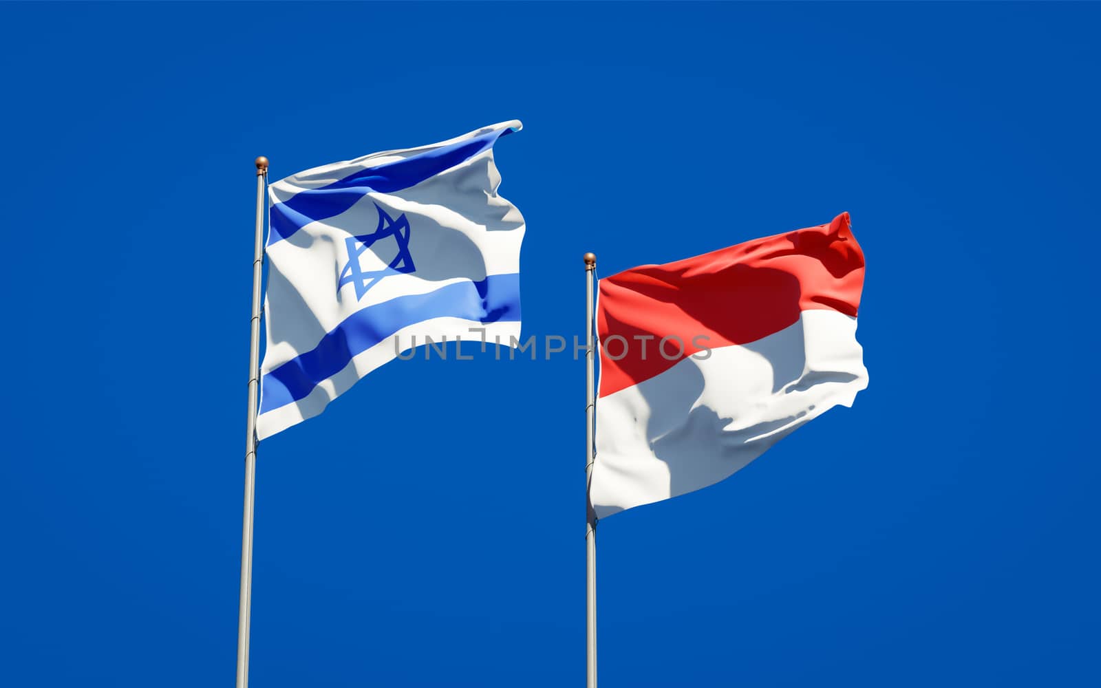 Beautiful national state flags of Israel and Indonesia together at the sky background. 3D artwork concept. 