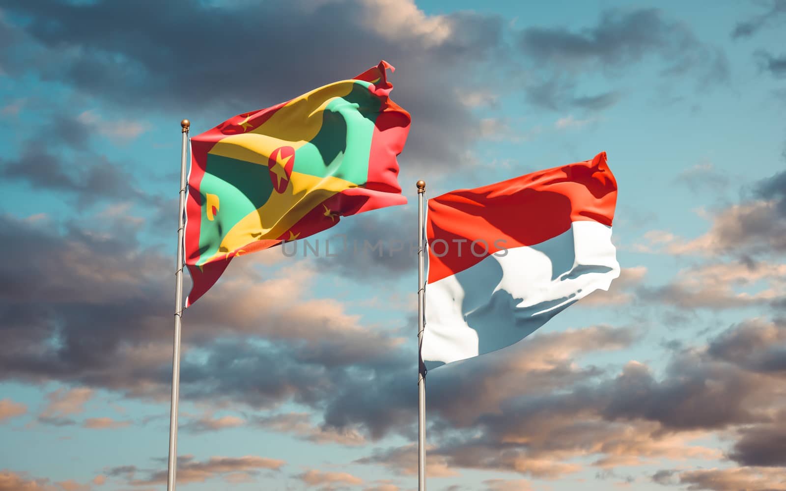 Beautiful national state flags of Grenada and Indonesia together at the sky background. 3D artwork concept. 
