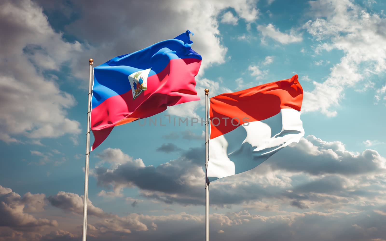 Beautiful national state flags of Haiti and Indonesia together at the sky background. 3D artwork concept. 