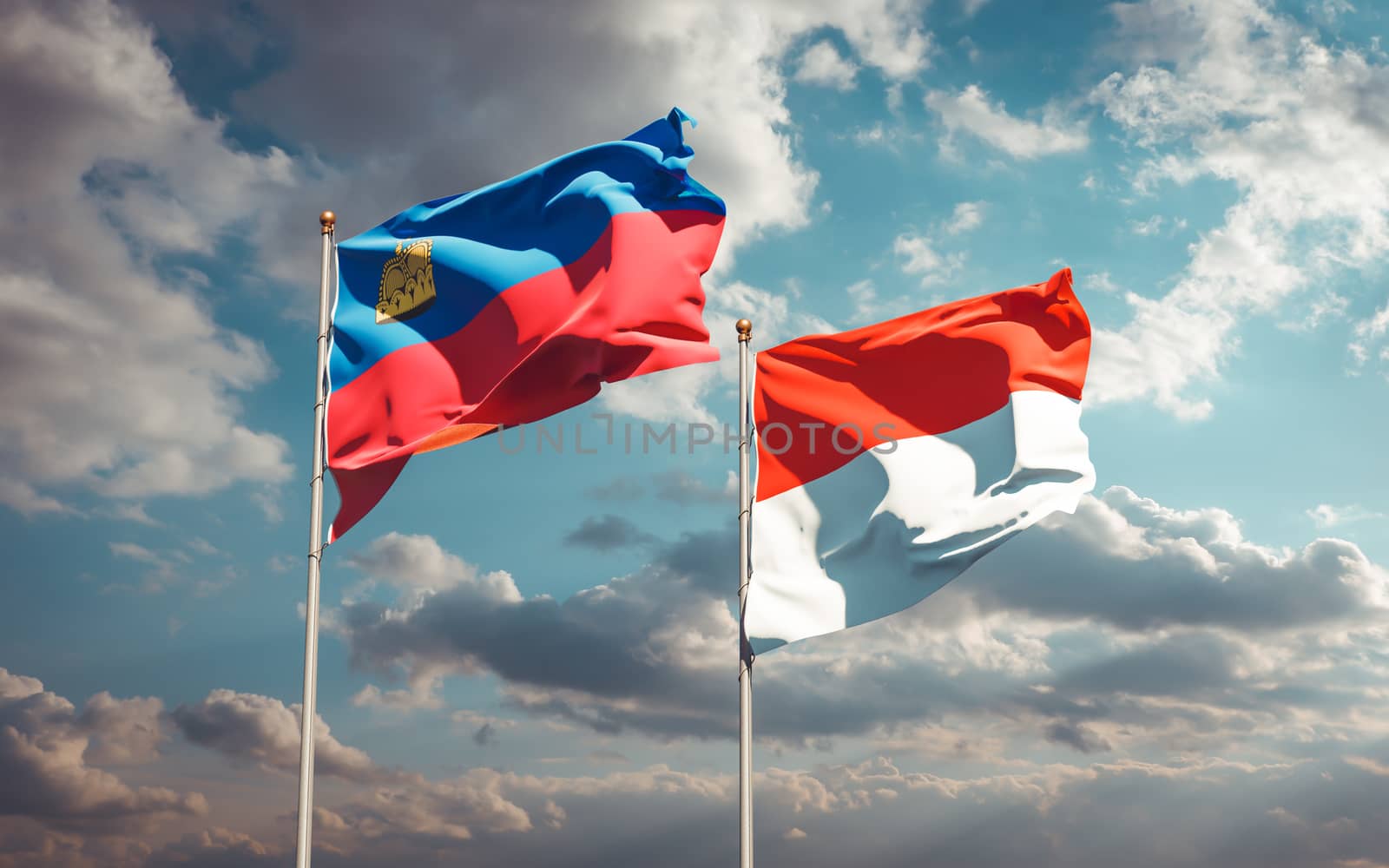Beautiful national state flags of Liechtenstein and Indonesia together at the sky background. 3D artwork concept. 