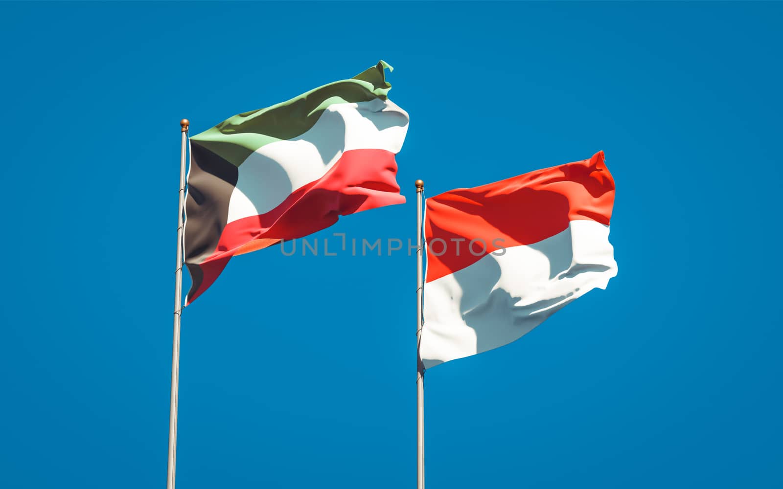 Beautiful national state flags of Kuwait and Indonesia together at the sky background. 3D artwork concept. 