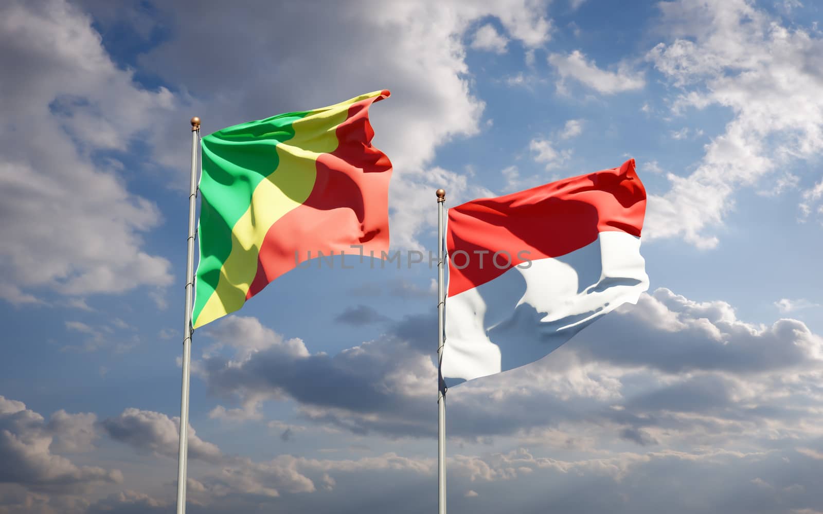 Beautiful national state flags of Republic of the Congo and Indonesia together at the sky background. 3D artwork concept. 
