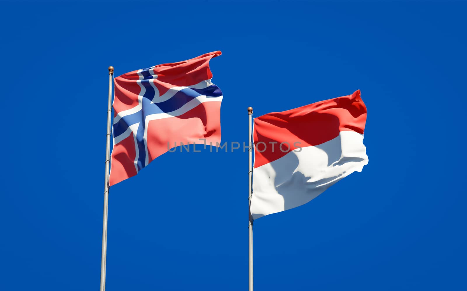 Beautiful national state flags of Norway and Indonesia together at the sky background. 3D artwork concept. 
