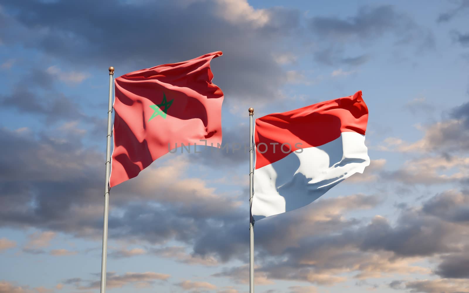 Beautiful national state flags of Morocco and Indonesia together at the sky background. 3D artwork concept. 