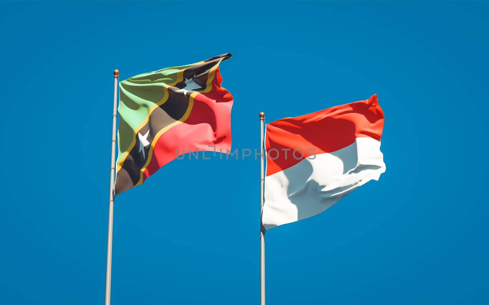 Beautiful national state flags of Saint Kitts and Nevis and Indonesia together at the sky background. 3D artwork concept. 