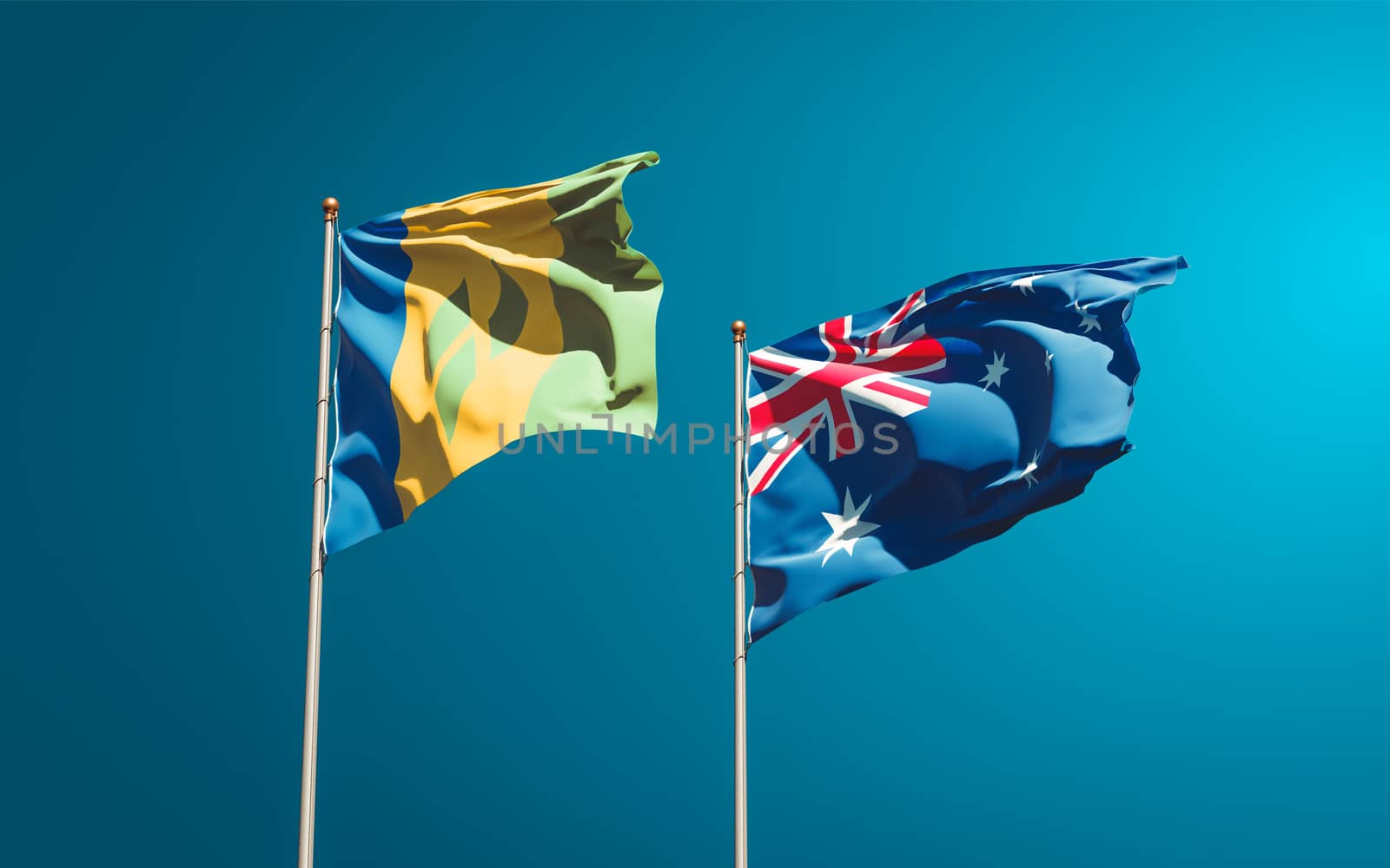 Beautiful national state flags of Saint Vincent and the Grenadines and Australia together at the sky background. 3D artwork concept. 