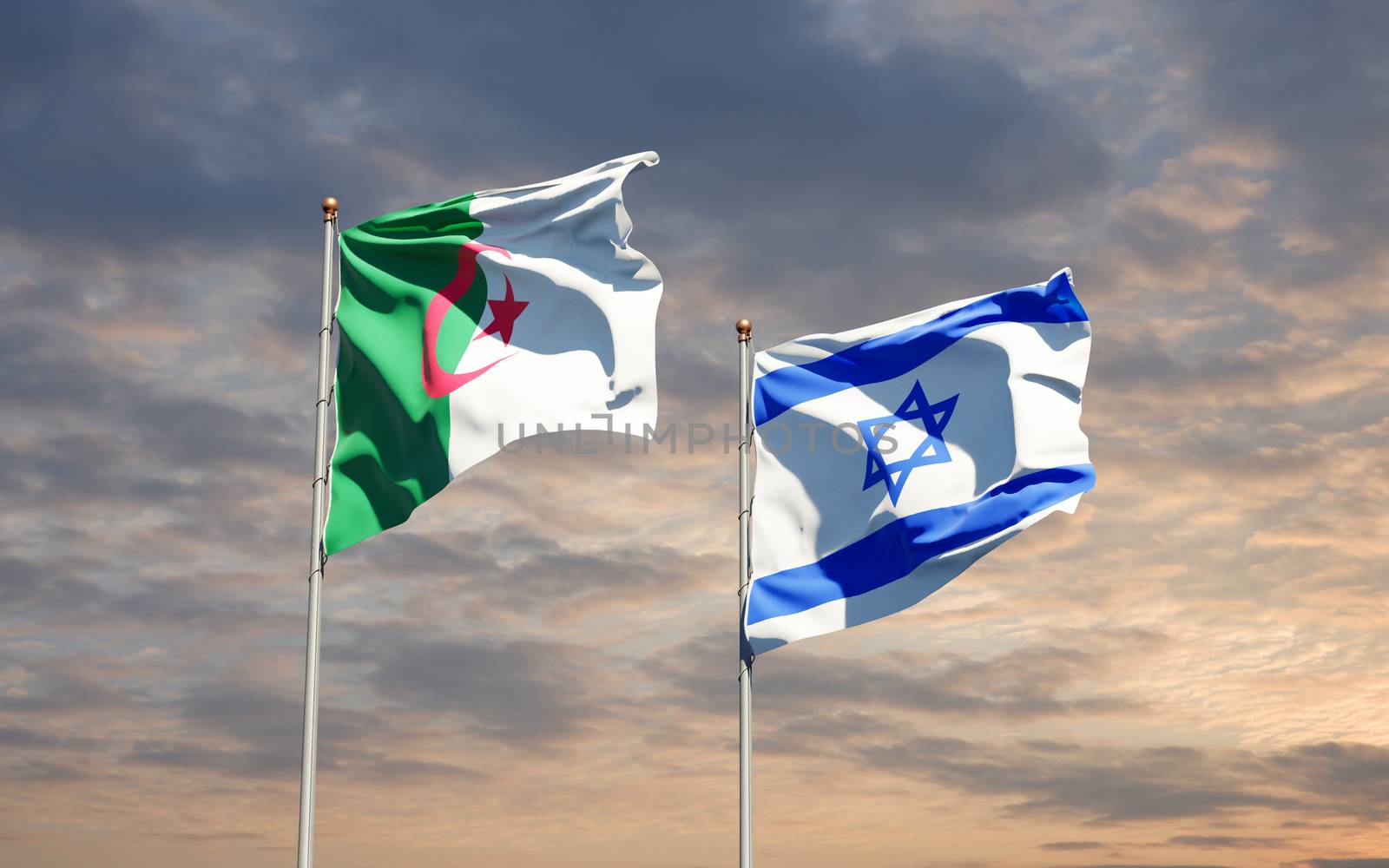 Beautiful national state flags of Israel and Algeria together at the sky background. 3D artwork concept.
