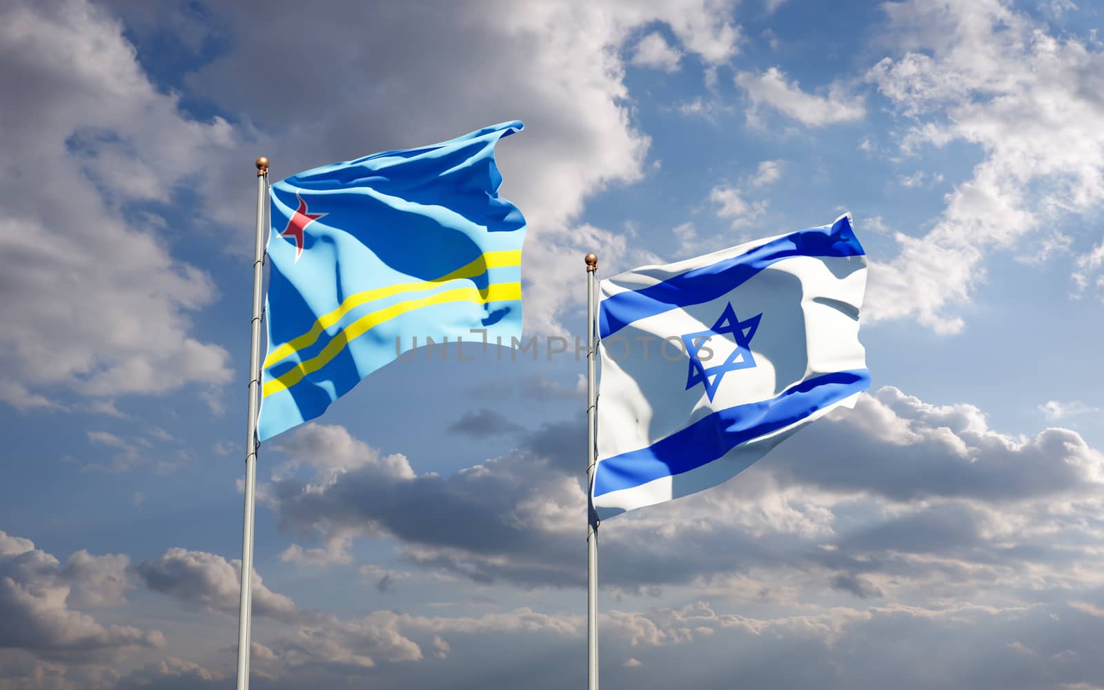 Beautiful national state flags of Israel and Aruba together at the sky background. 3D artwork concept.