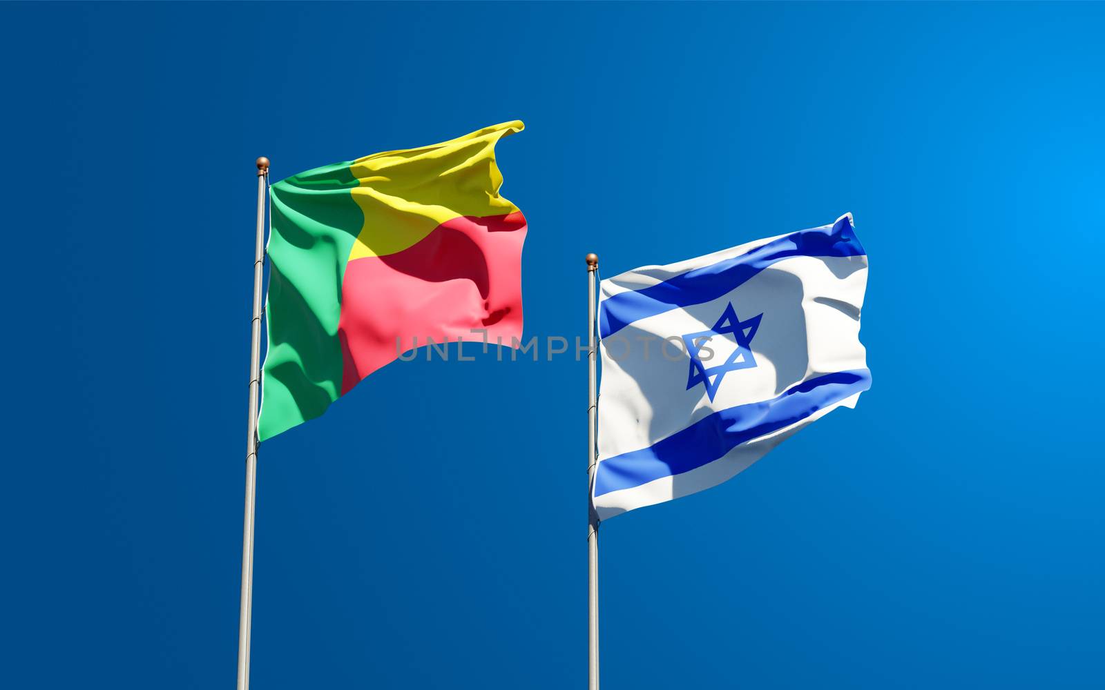 Beautiful national state flags of Israel and Benin together at the sky background. 3D artwork concept.
