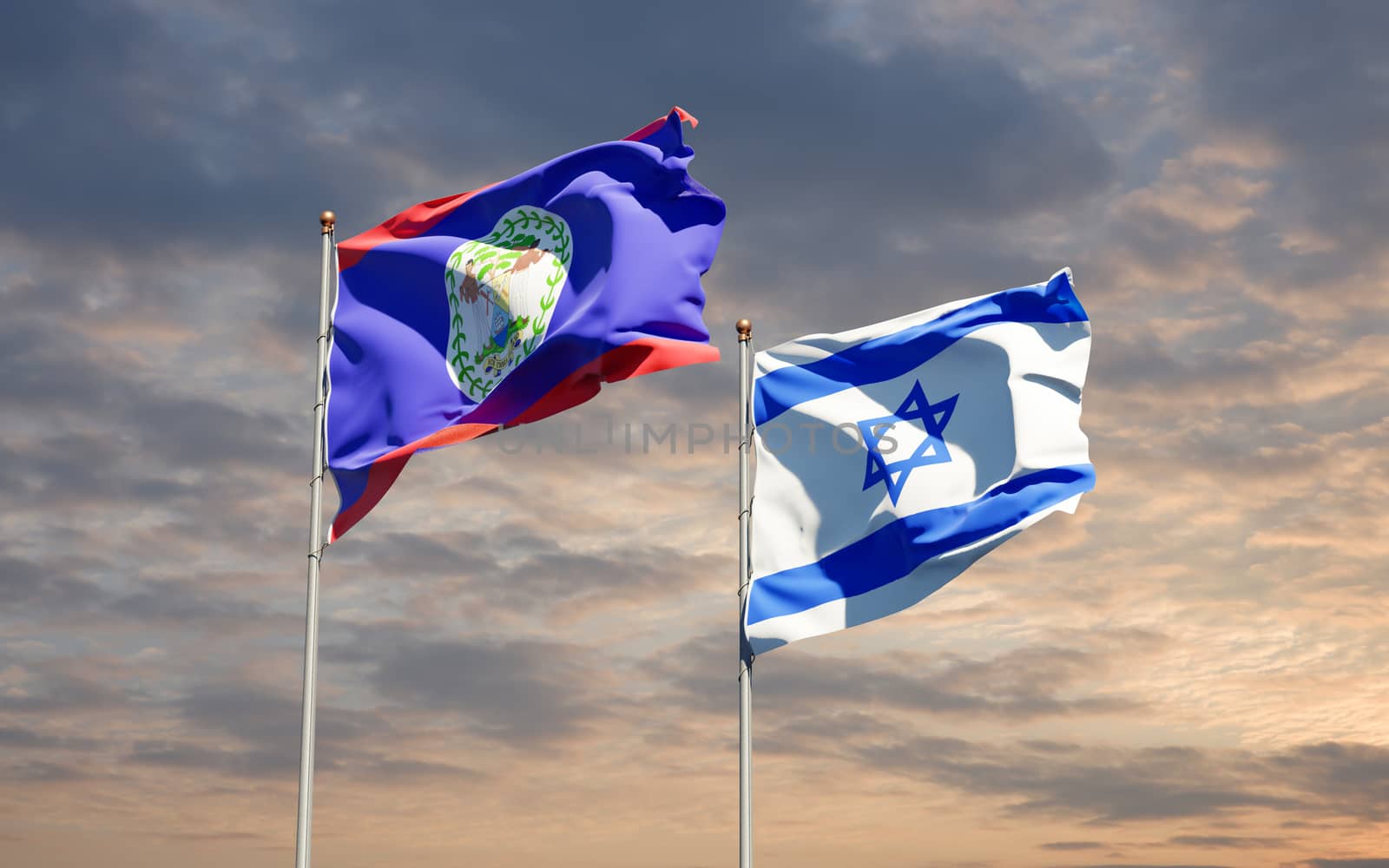 Beautiful national state flags of Israel and Belieze together at the sky background. 3D artwork concept.