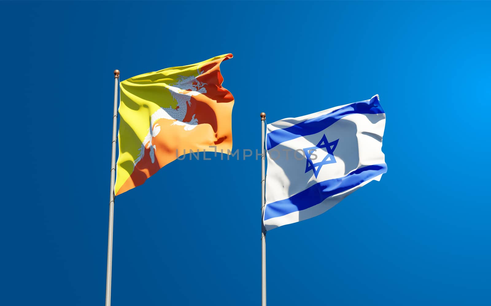 Beautiful national state flags of Israel and Bhutan together at the sky background. 3D artwork concept.