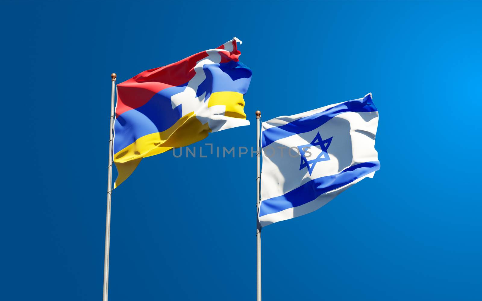 Beautiful national state flags of Israel and Artsakh together at the sky background. 3D artwork concept.