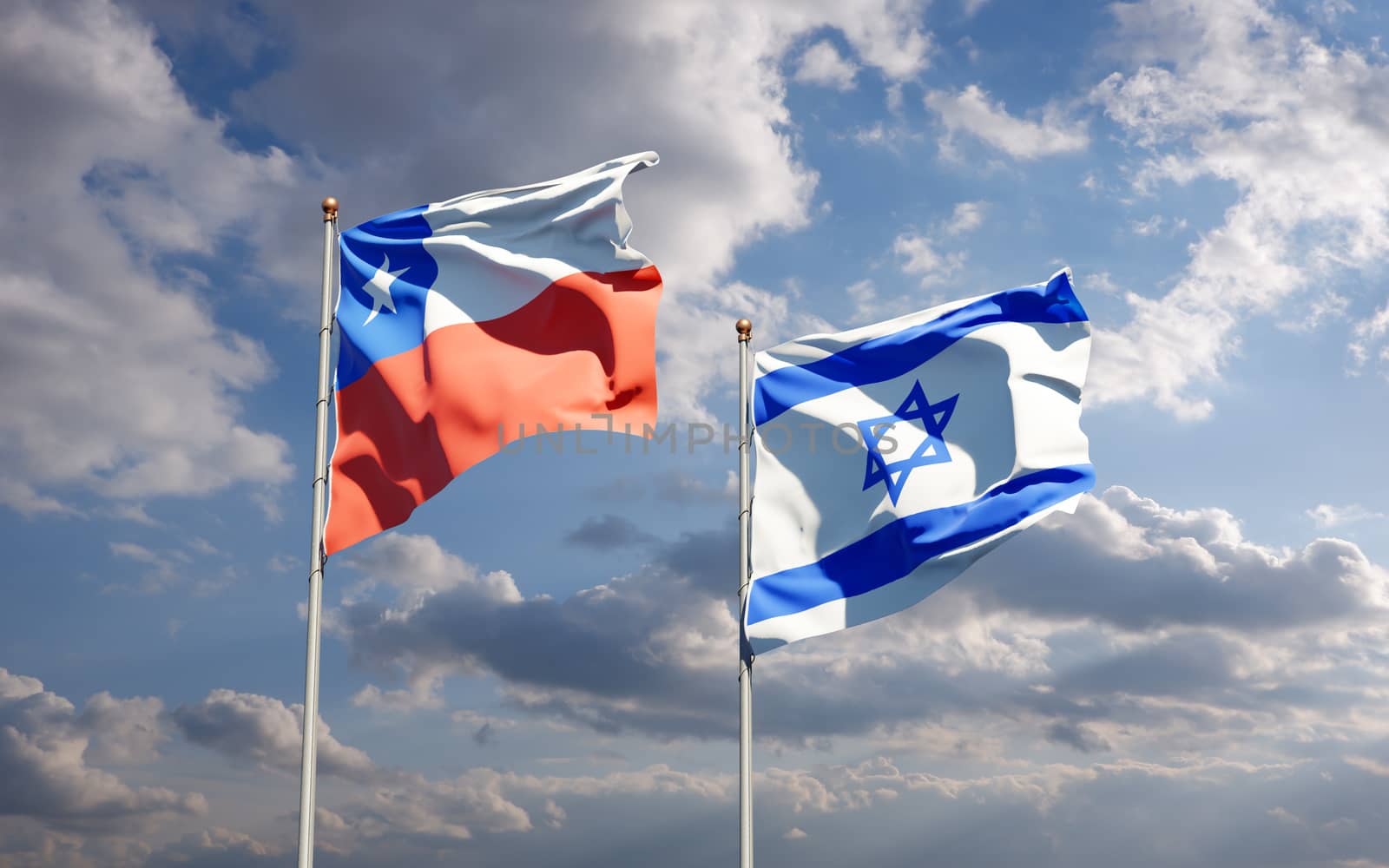Beautiful national state flags of Israel and Chile together at the sky background. 3D artwork concept.