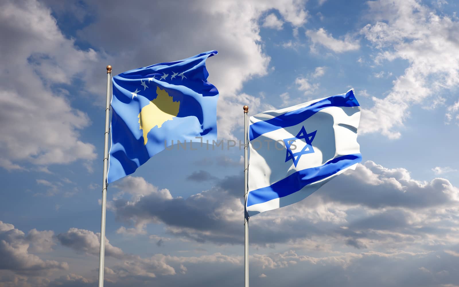 Beautiful national state flags of Kosovo and Israel together at the sky background. 3D artwork concept.