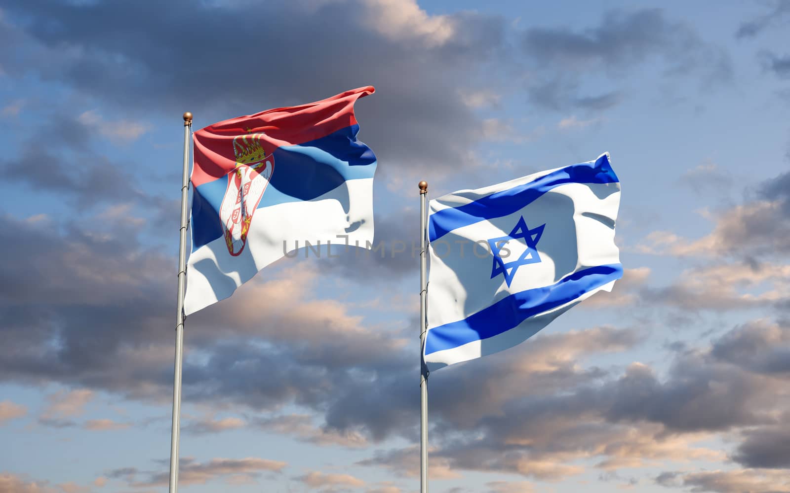 Beautiful national state flags of Serbia and Israel together at the sky background. 3D artwork concept.