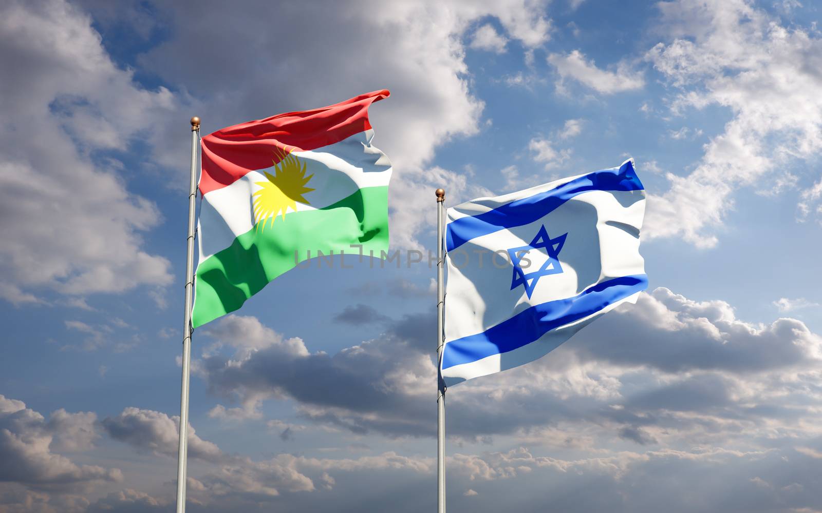 Beautiful national state flags of Kurdistan and Israel together at the sky background. 3D artwork concept.