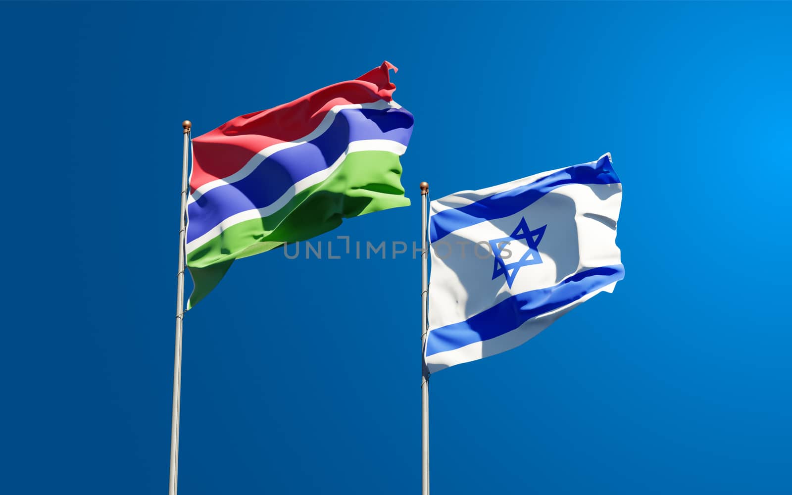 Beautiful national state flags of Gambia and Israel together at the sky background. 3D artwork concept.