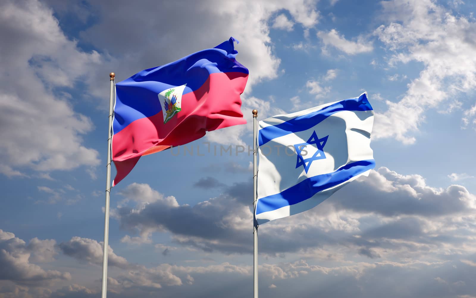 Beautiful national state flags of Haiti and Israel together at the sky background. 3D artwork concept.