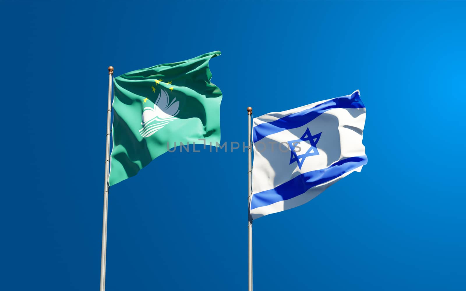 Beautiful national state flags of Macao and Israel together at the sky background. 3D artwork concept.