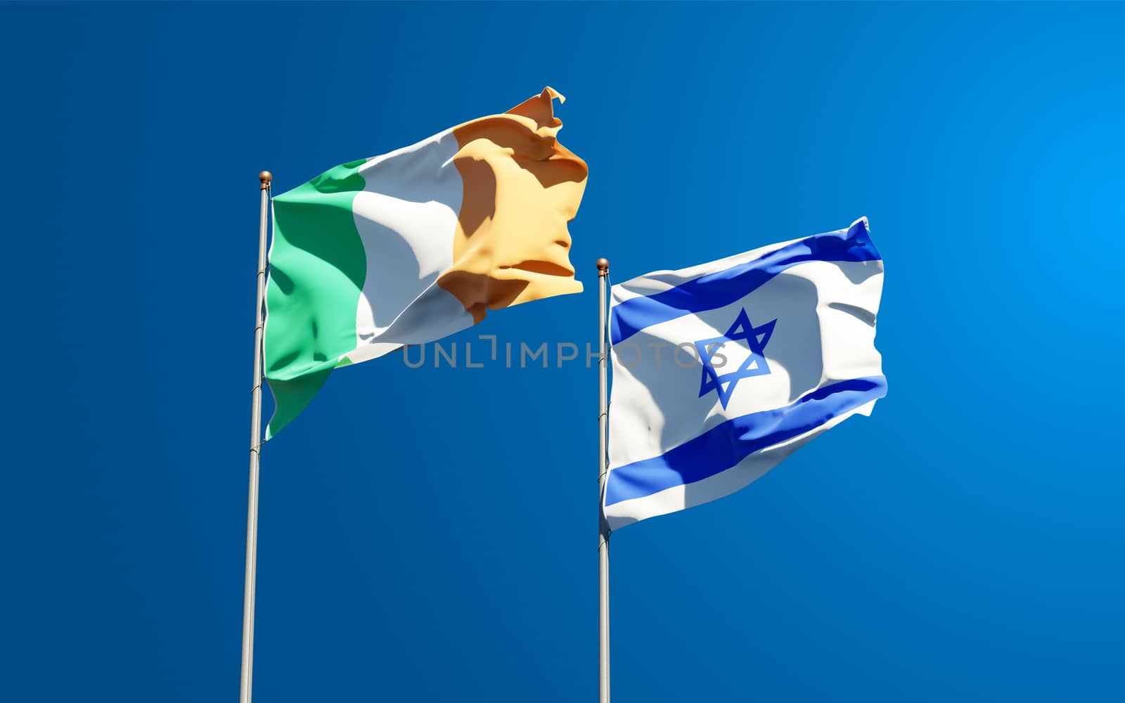 Beautiful national state flags of Ireland and Israel together at the sky background. 3D artwork concept.