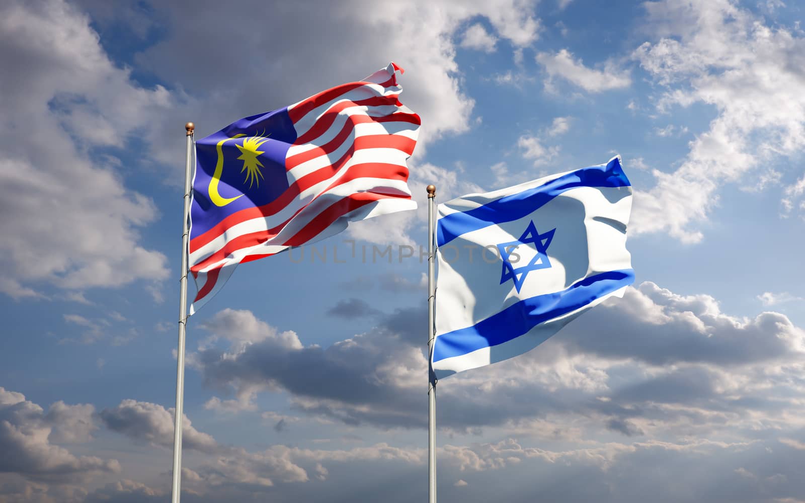 Beautiful national state flags of Malaysia and Israel together at the sky background. 3D artwork concept.