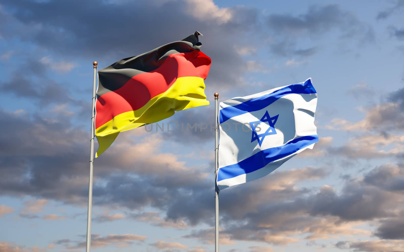 Beautiful national state flags of Germany and Israel together at the sky background. 3D artwork concept.