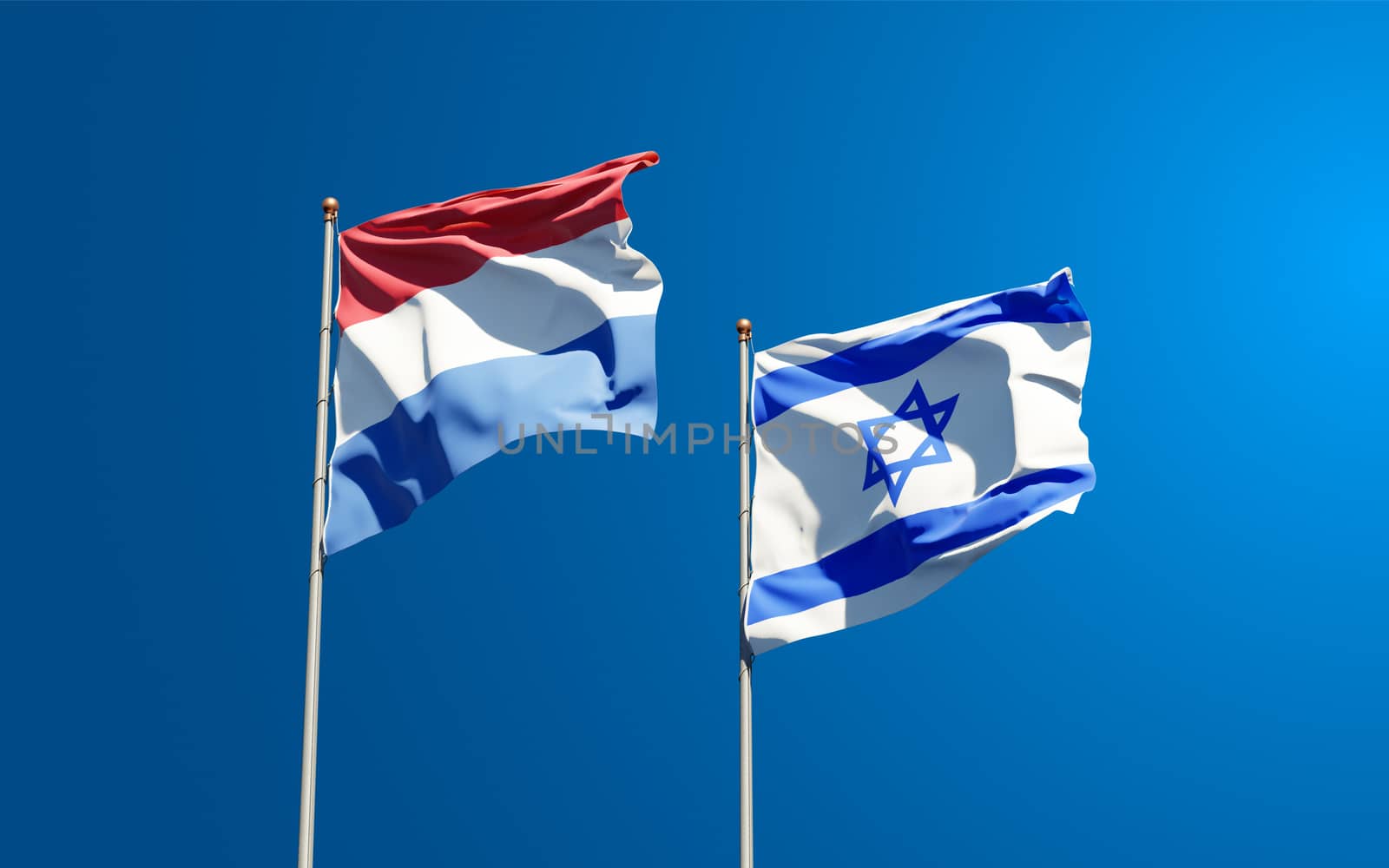 Beautiful national state flags of Netherlands and Israel together at the sky background. 3D artwork concept.