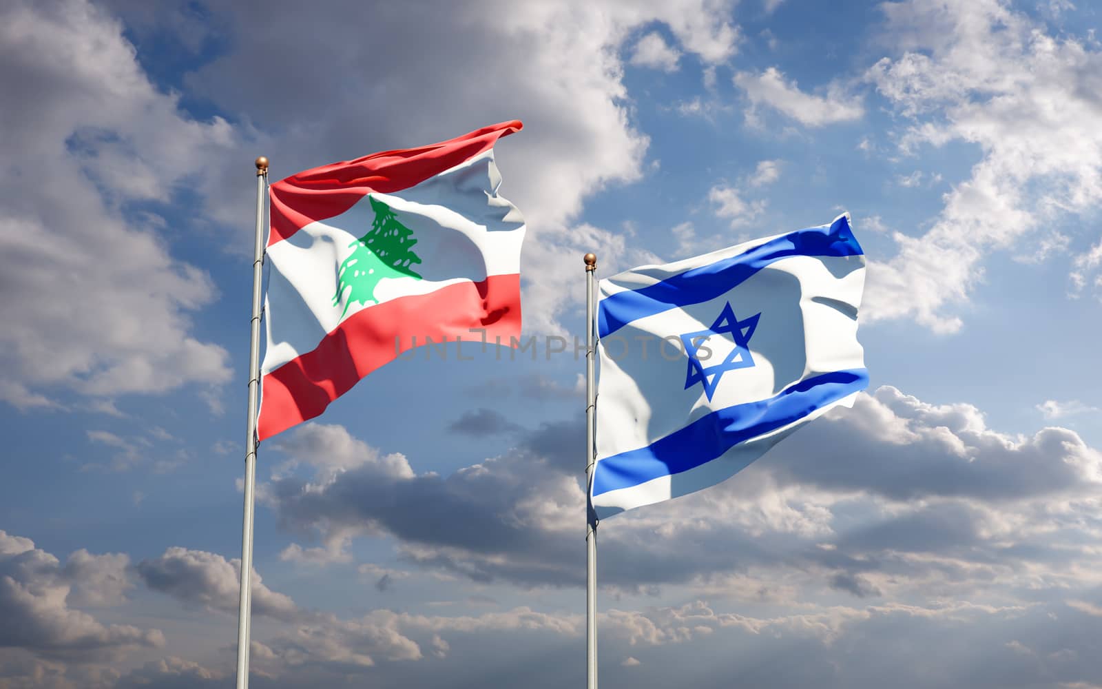 Beautiful national state flags of Lebanon and Israel together at the sky background. 3D artwork concept.