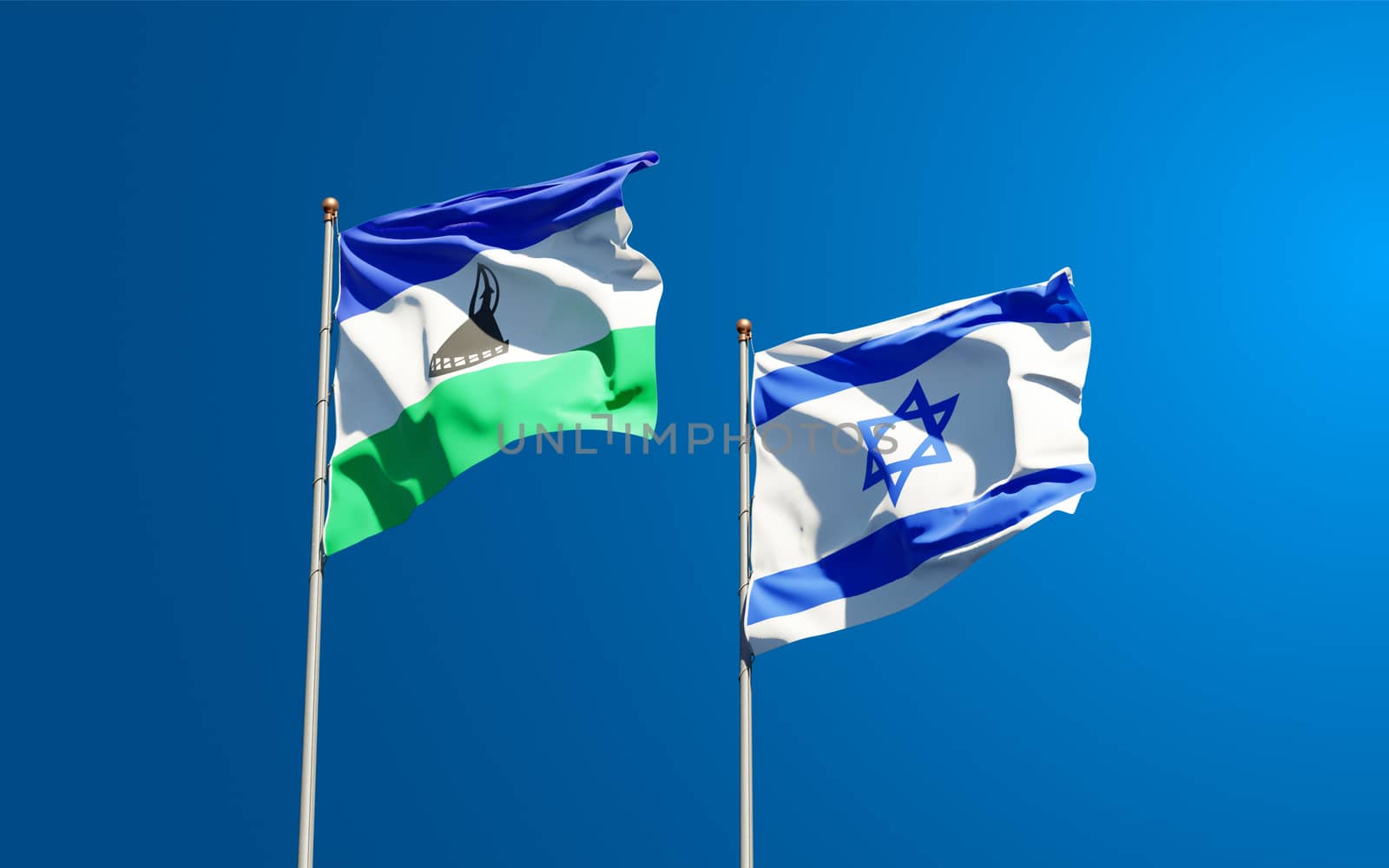 Beautiful national state flags of Lesotho and Israel together at the sky background. 3D artwork concept.