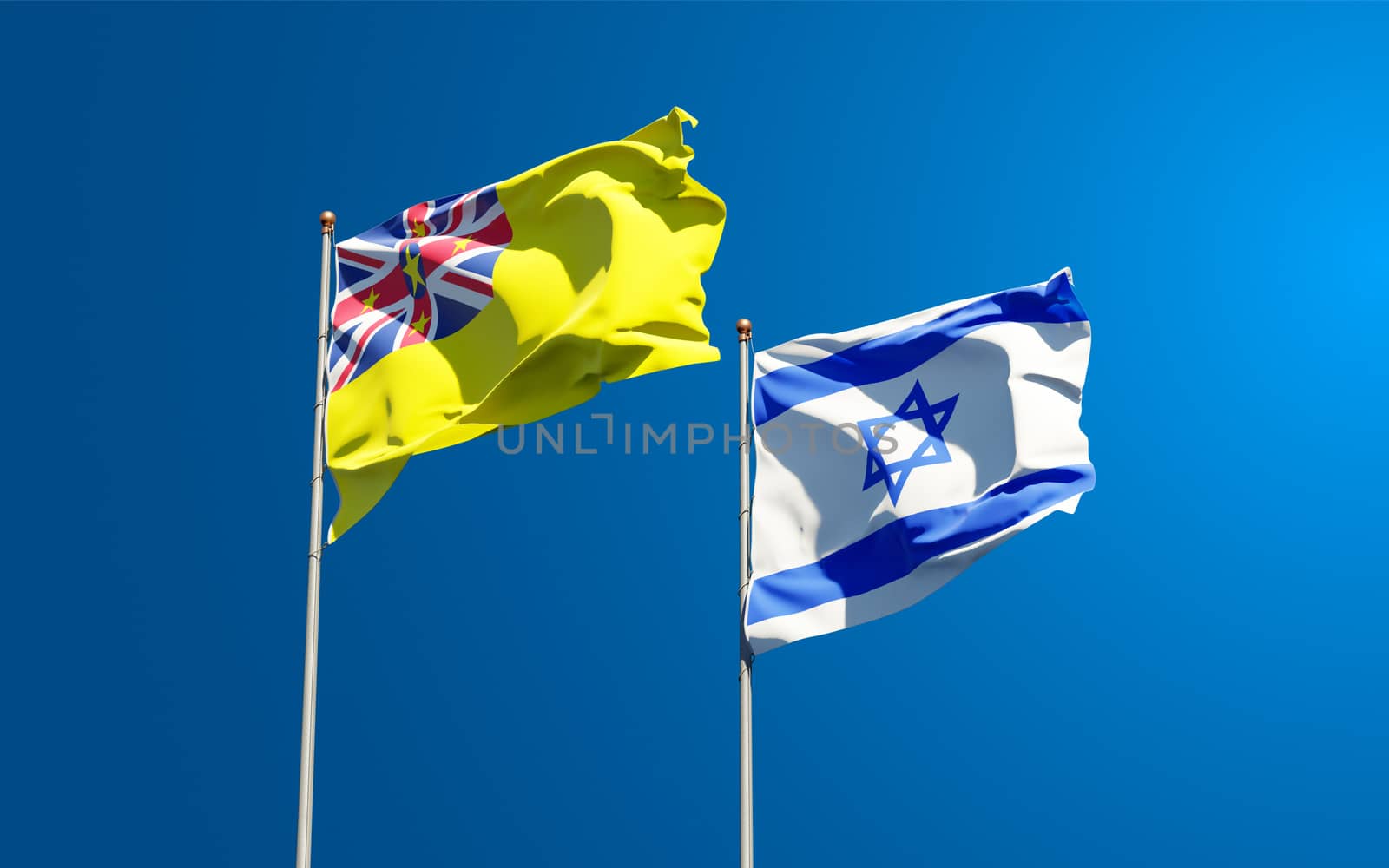 Beautiful national state flags of Niue and Israel together at the sky background. 3D artwork concept.