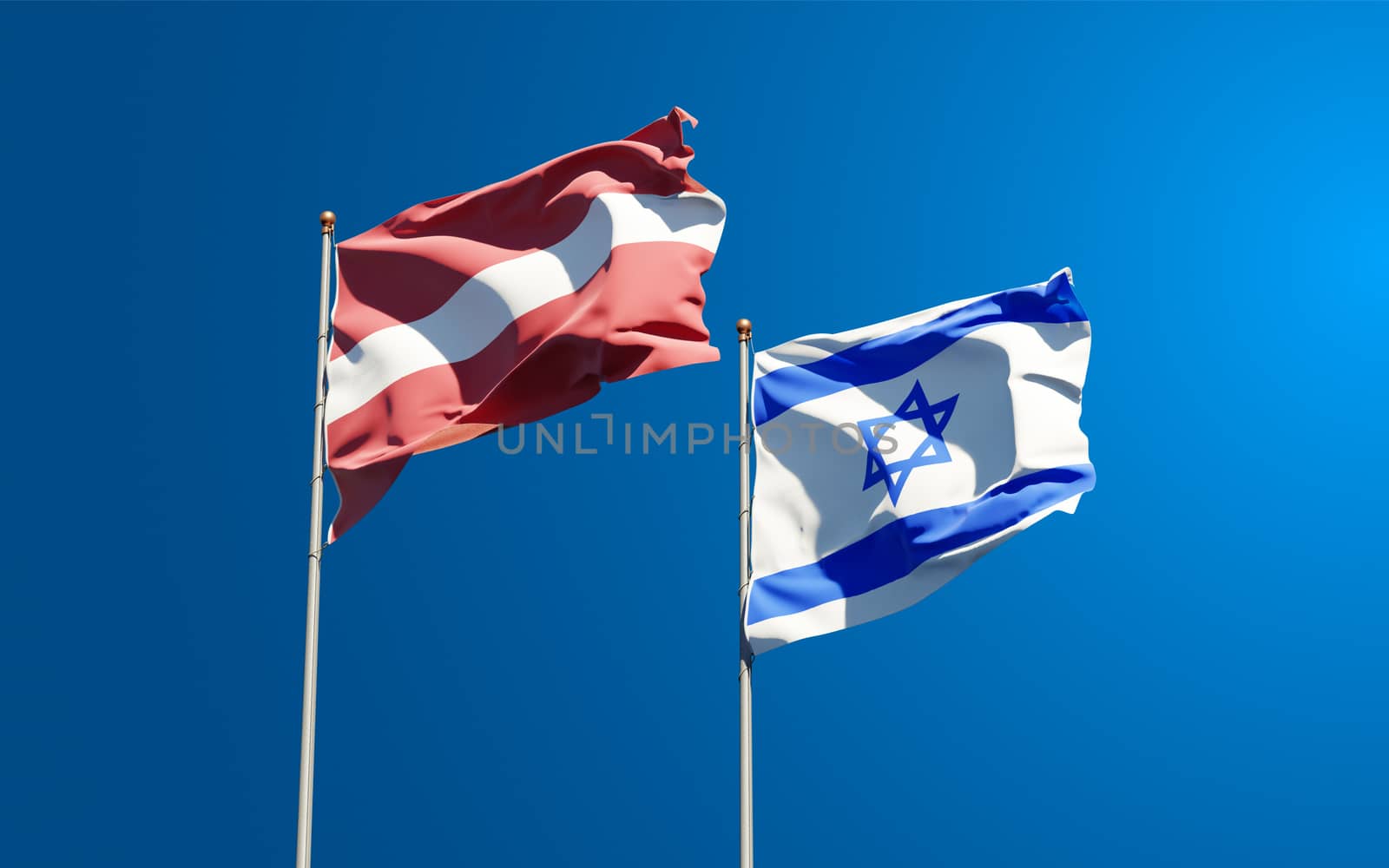 Beautiful national state flags of Latvia and Israel together at the sky background. 3D artwork concept.