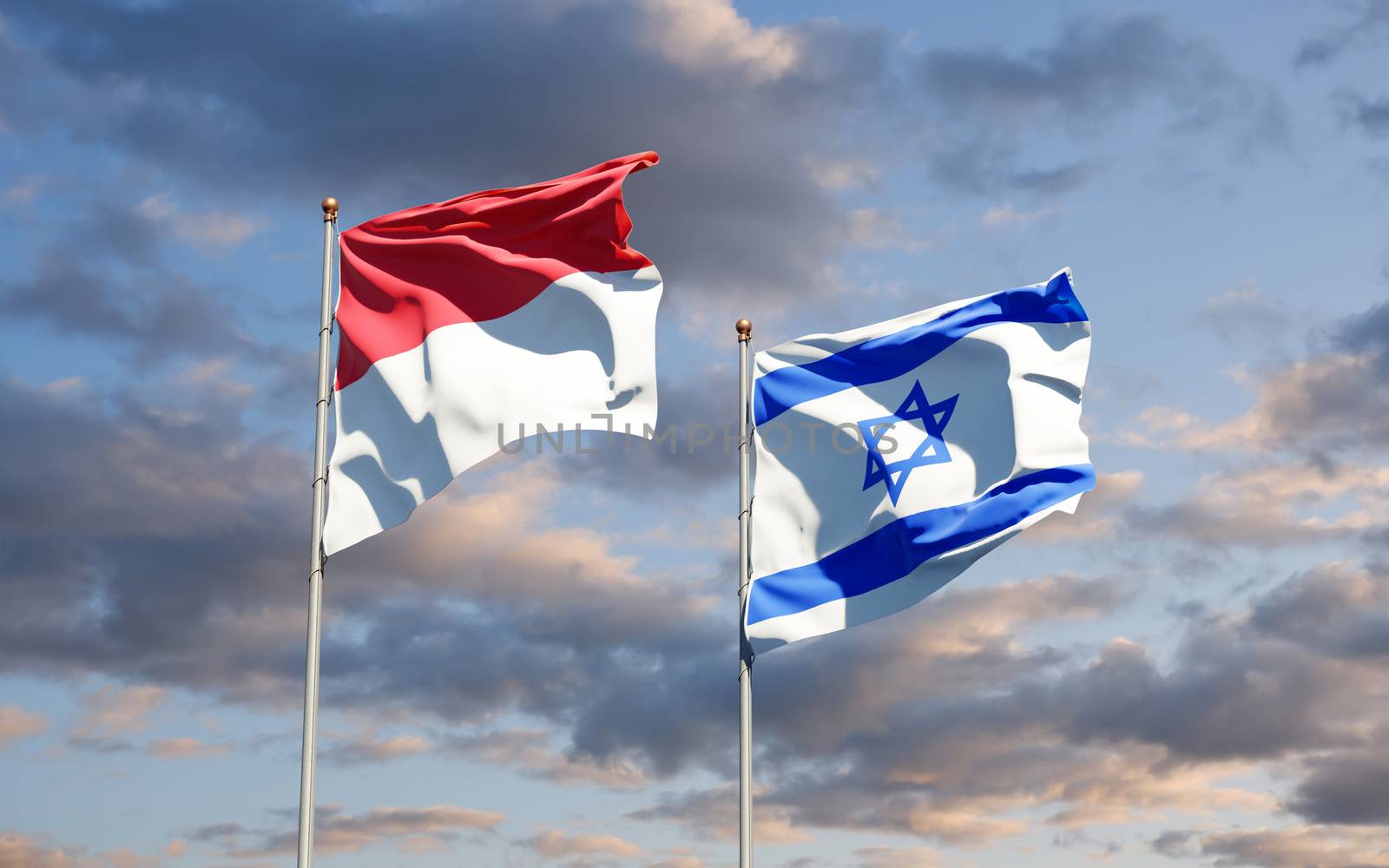 Beautiful national state flags of Monaco and Israel together at the sky background. 3D artwork concept.