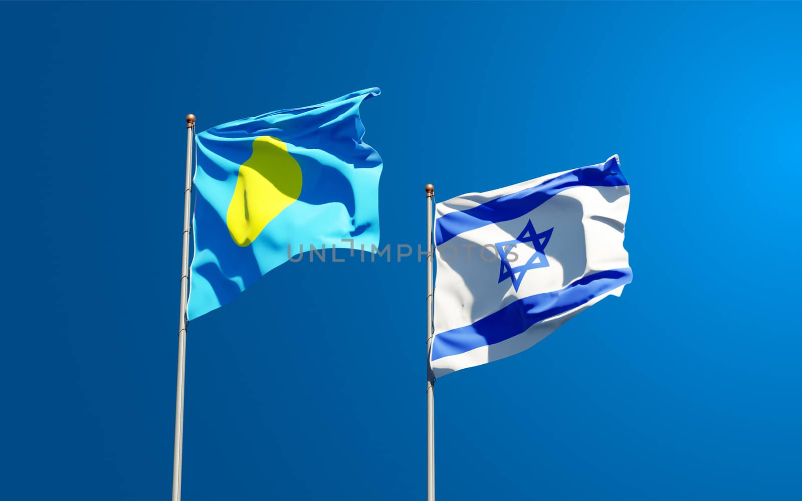 Beautiful national state flags of Palau and Israel together at the sky background. 3D artwork concept.