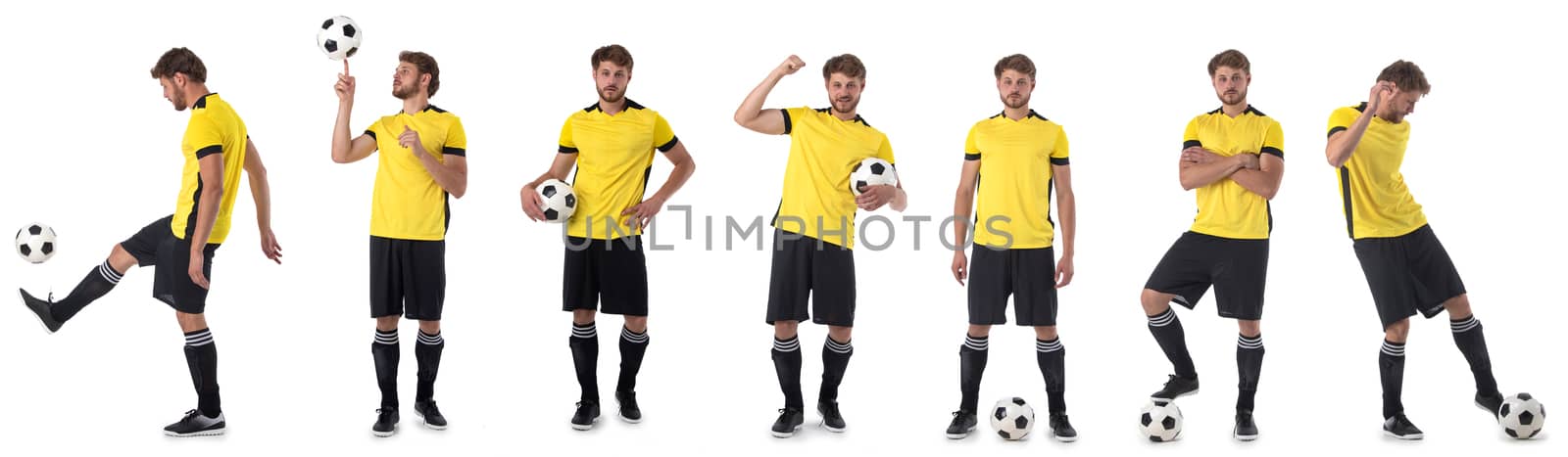 Photo set of soccer player in yellow and black uniform with ball isolated on white background, football design collection