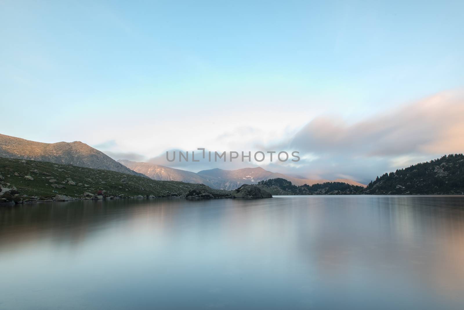 Landscape in Montmalus Lake in summer on Andorra.