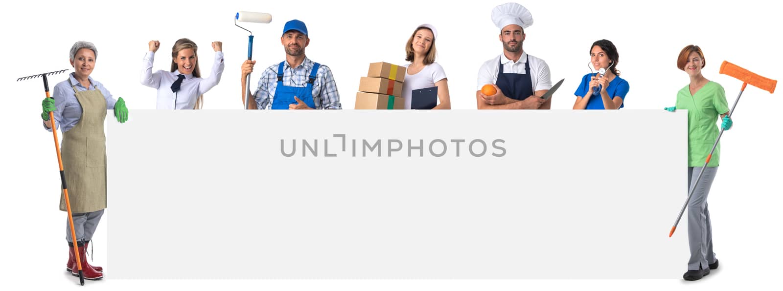 People representing diverse professions with tools holding big blank banner isolated on white background