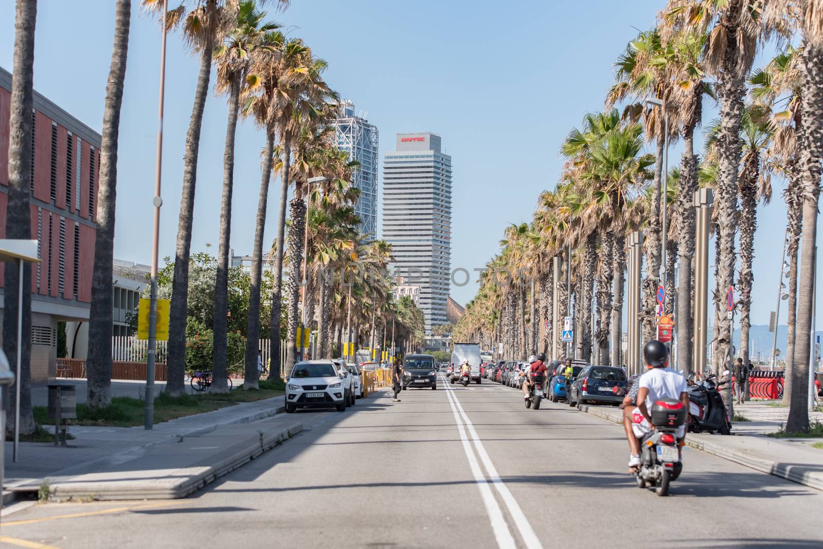 BARCELONA - JUNE 26, 2020: Barceloneta beach with people in summer after COVID 19 on June 26, 2020 in Barcelona, ​​Spain.