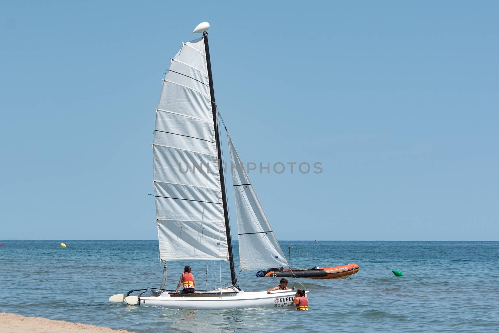 Castelldefels, Spain: 2020 June 25: Boats on the coast of Castelldefels in Barcelona in summer after COVID 19 on June 2020.