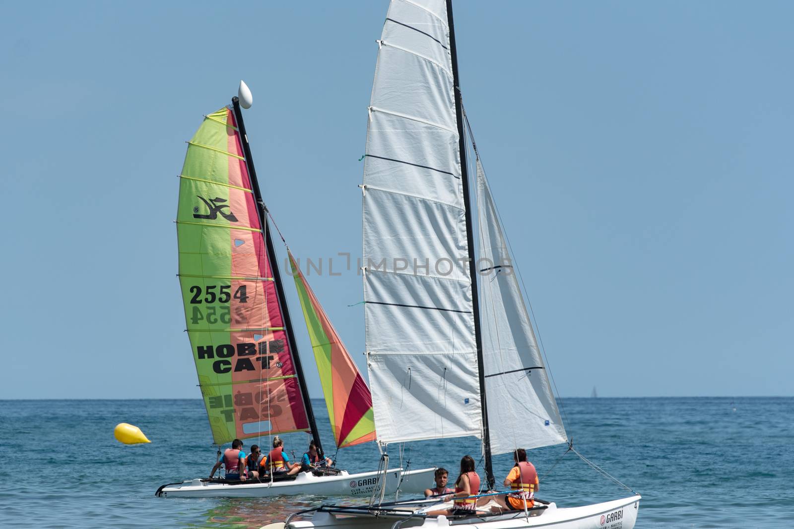 Castelldefels, Spain: 2020 June 25: Boats on the coast of Castelldefels in Barcelona in summer after COVID 19 on June 2020.