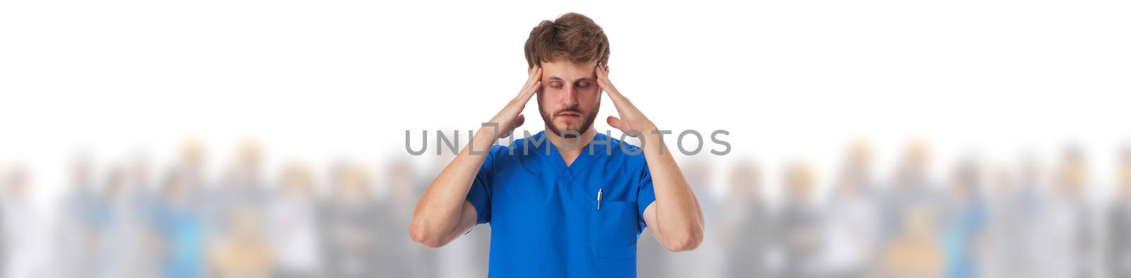 Exhausted male doctor massaging temples while feeling headache and crowd of people on background isolated on white