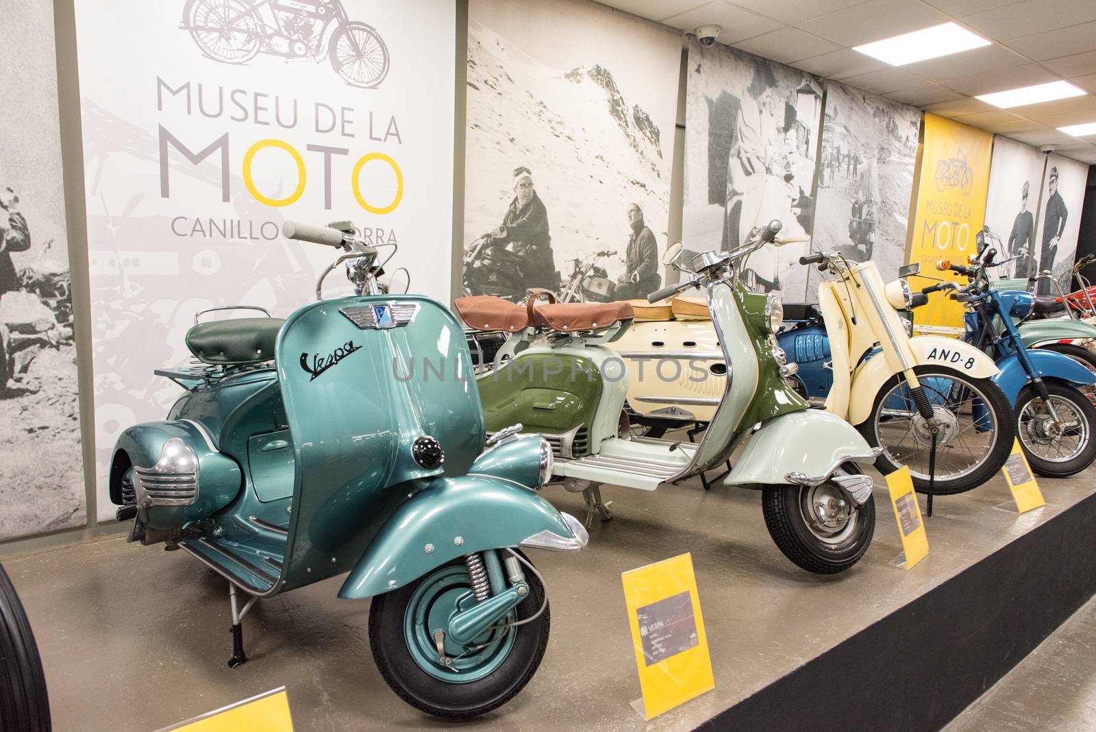 Canillo, Andorra - june 19 2020: Old motorcycles exposed on  the  Motorcyle Museum in Canillo, Andorra on June 19, 2020.