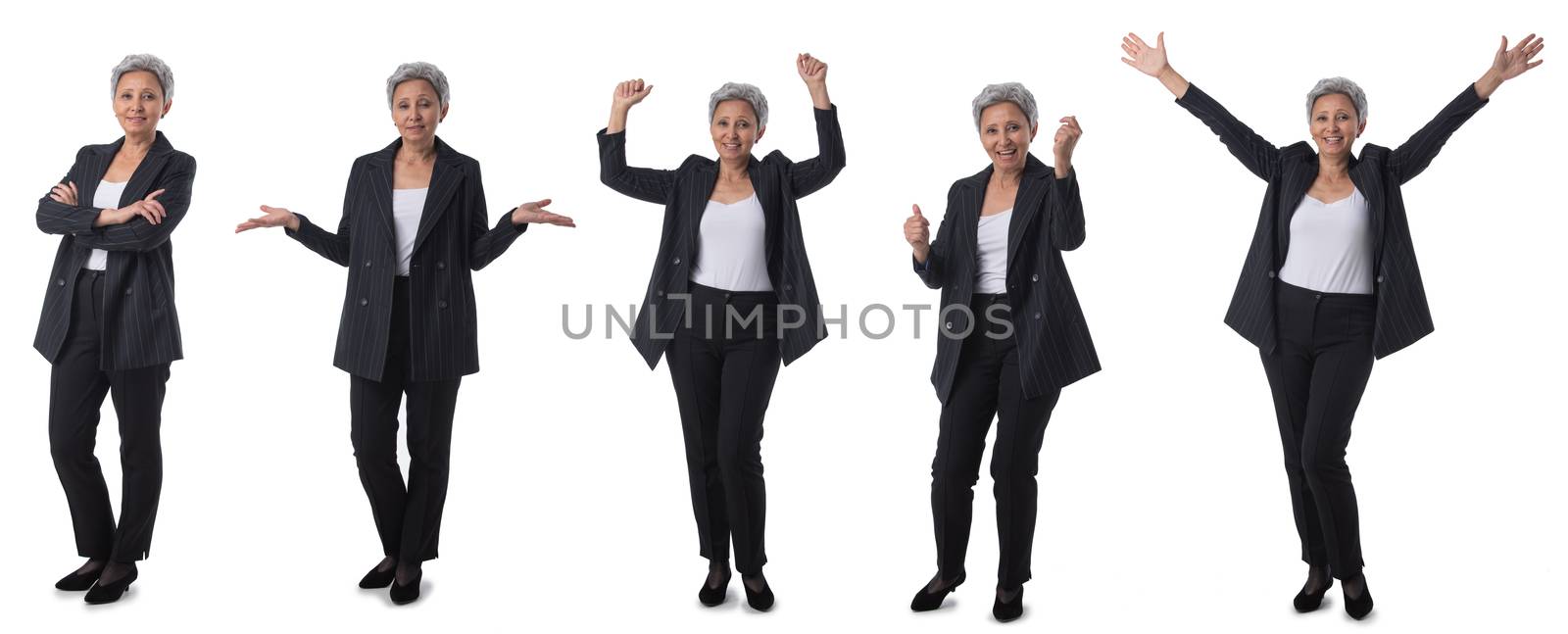 Set of images of mature asian business woman with different expressions isolated over white background