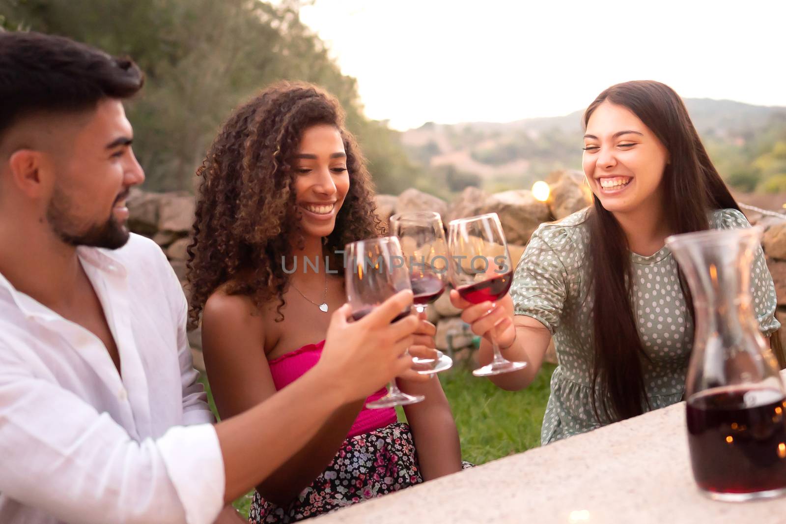 Three friends clinking glasses outdoor at sunset - Mixed race person group toasting with red wine glasses in countryside for the vineyard harvest end in Tuscany - Vintage look photograph by robbyfontanesi