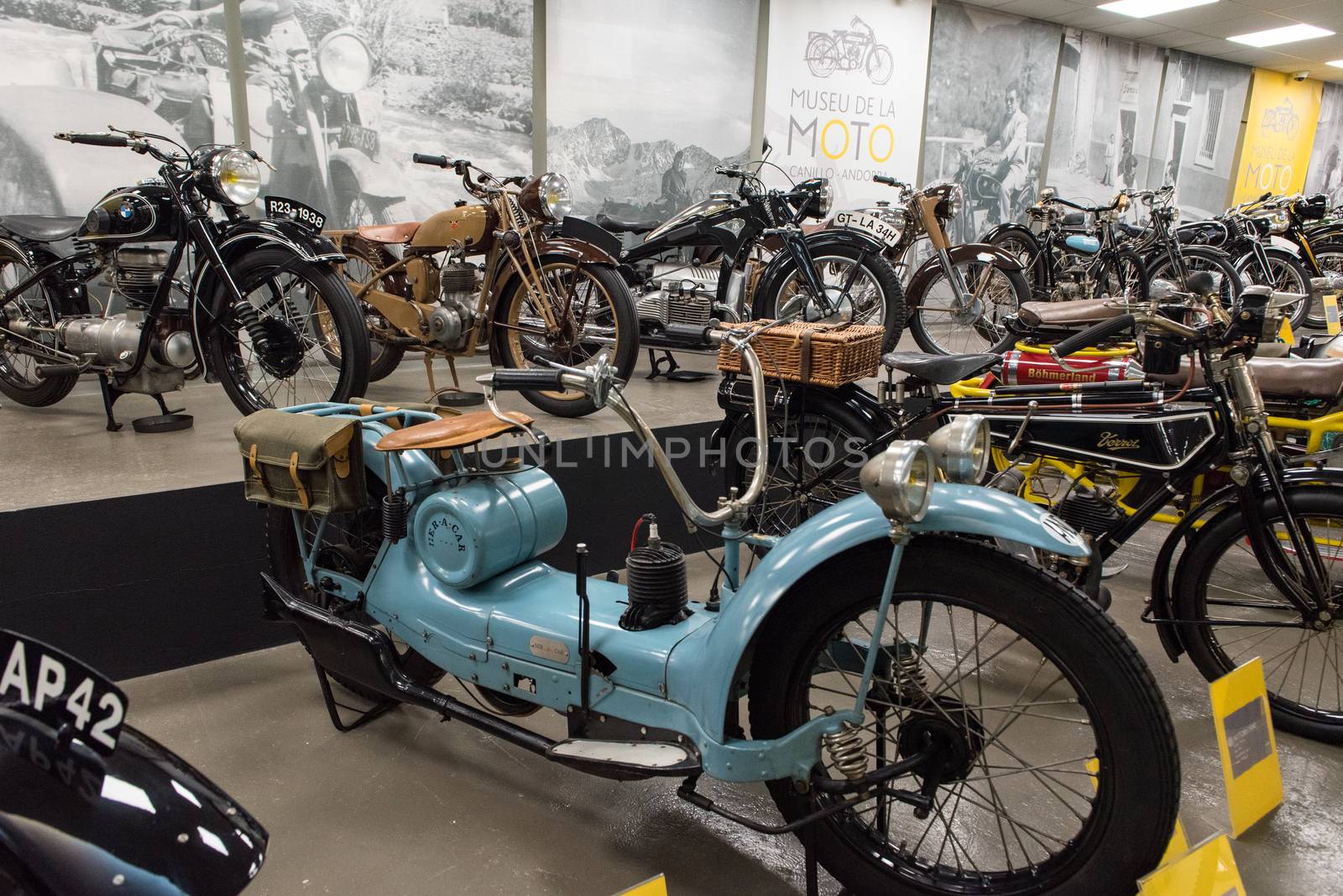 Canillo, Andorra - june 19 2020: Old motorcycles exposed on  the  Motorcyle Museum in Canillo, Andorra on June 19, 2020.