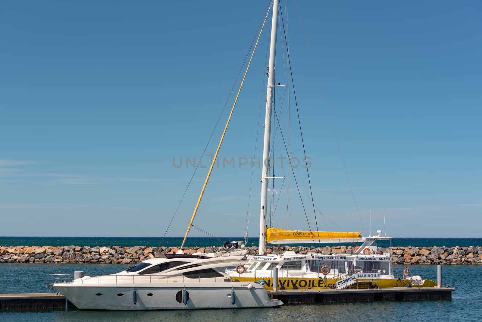 Canet en Roussillon, France: June 21, 2020: Port of Canet de Roussilion in  Sunny day in the tourist town of Canet en Roussillion in France on the Mediterranean Sea.