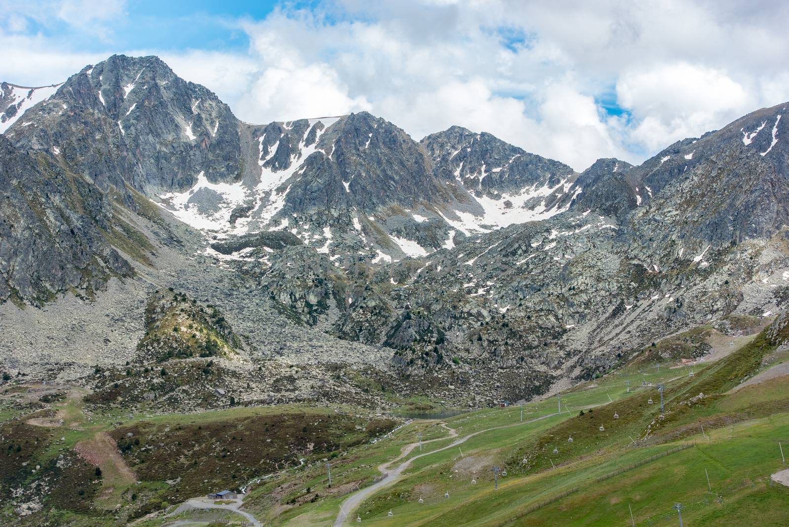 Pas de la Casa, Encamp. Andorra : 2020 17 June : Sunny day with low clouds in the town of Pas de la Casa on the border between France and Andorra in June 2020. and Andorra in June 2020.