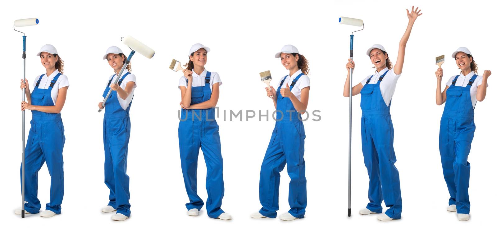 Set of images of house painter woman isolated on white background