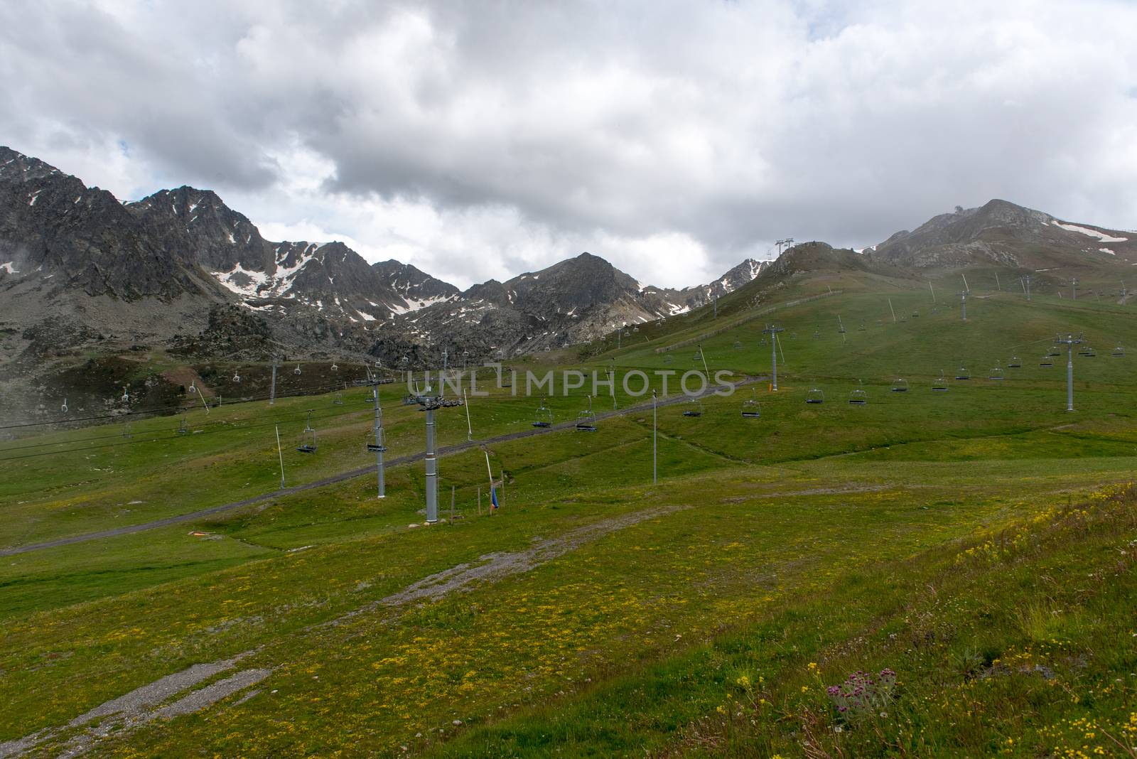 Sunny day with low clouds in the town of Pas de la Casa on the border between France and Andorra in June 2020.