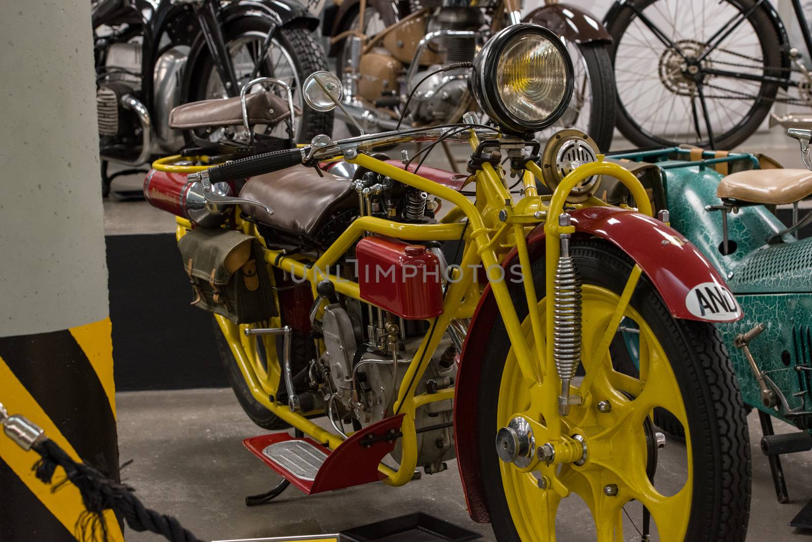 Canillo, Andorra - june 19 2020: Old motorcycle Harley Davidson exposed on  the  Motorcyle Museum in Canillo, Andorra on June 19, 2020.